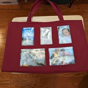 NWT. LARGE BURGUNDY TOTE BAG WITH PICTURE SLOTS :  2 horizontal, 3 vertical.